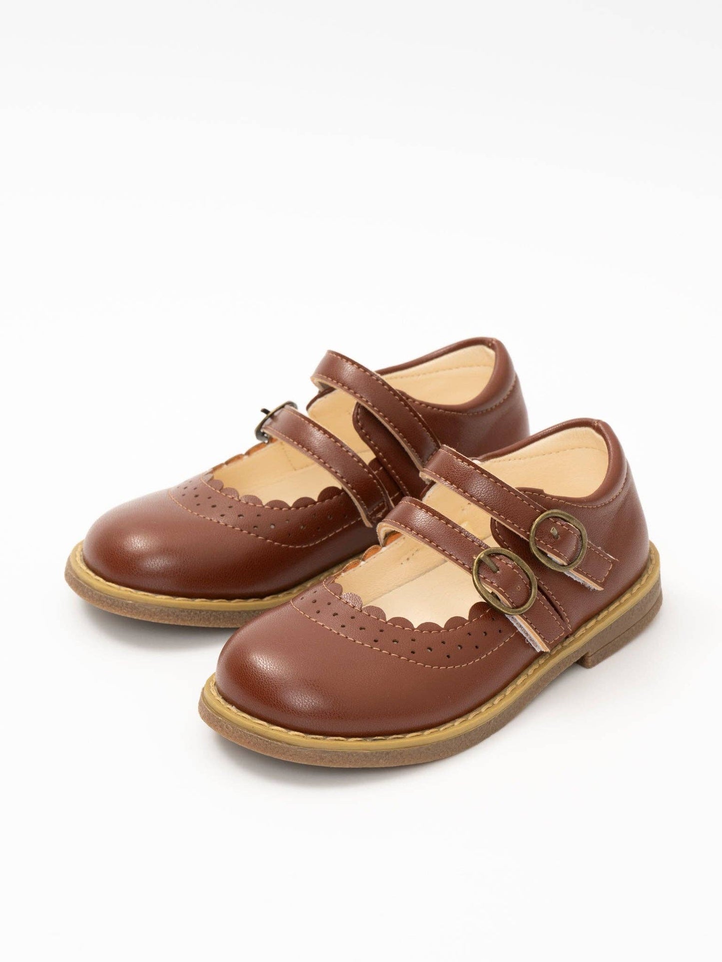 Double Buckle Mary Jane Hard Sole Shoes: Chestnut Brown