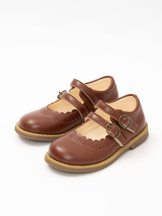 Double Buckle Mary Jane Hard Sole Shoes: Chestnut Brown