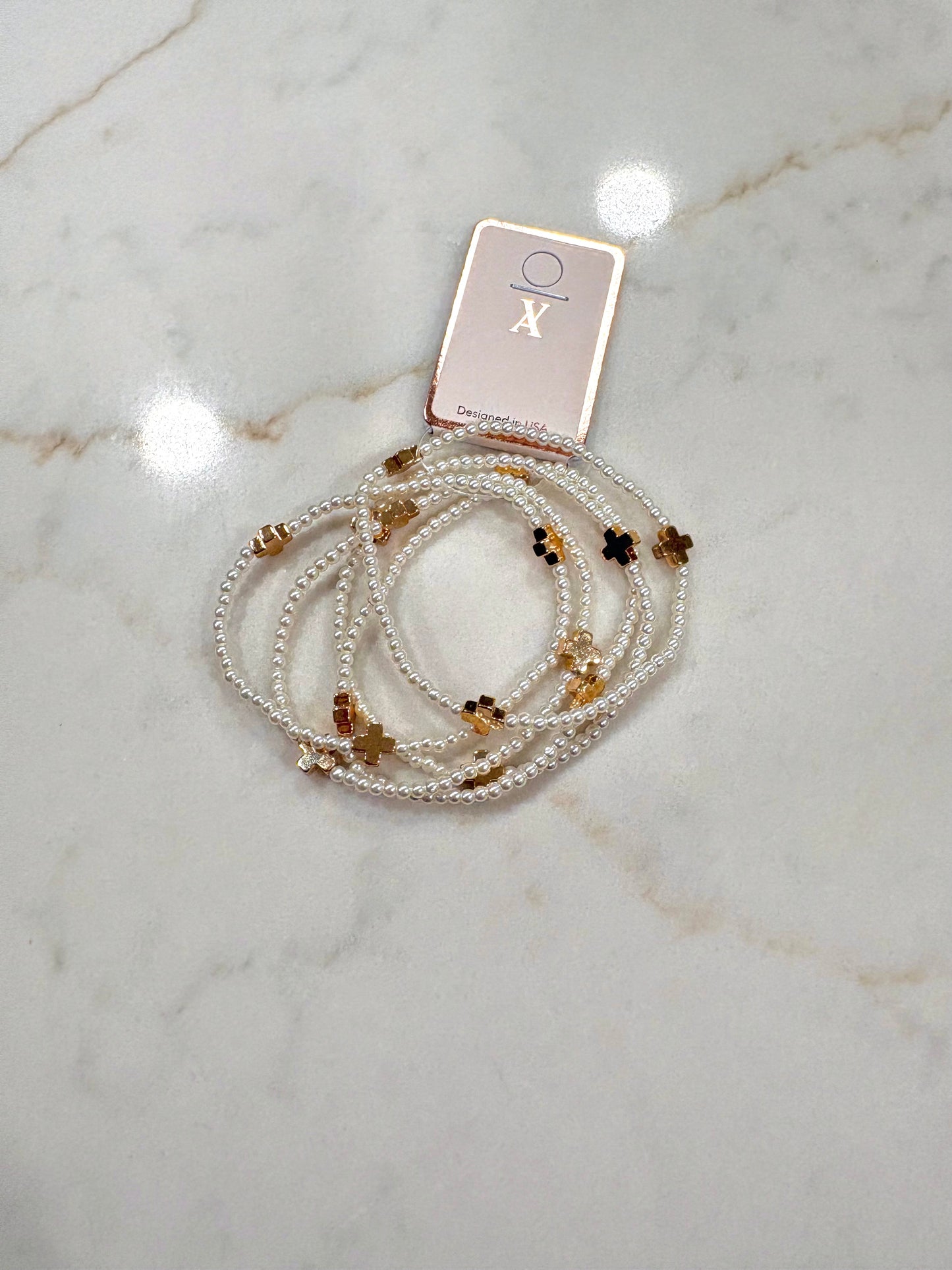 Cross multi layered pearl beaded stretch bracelet