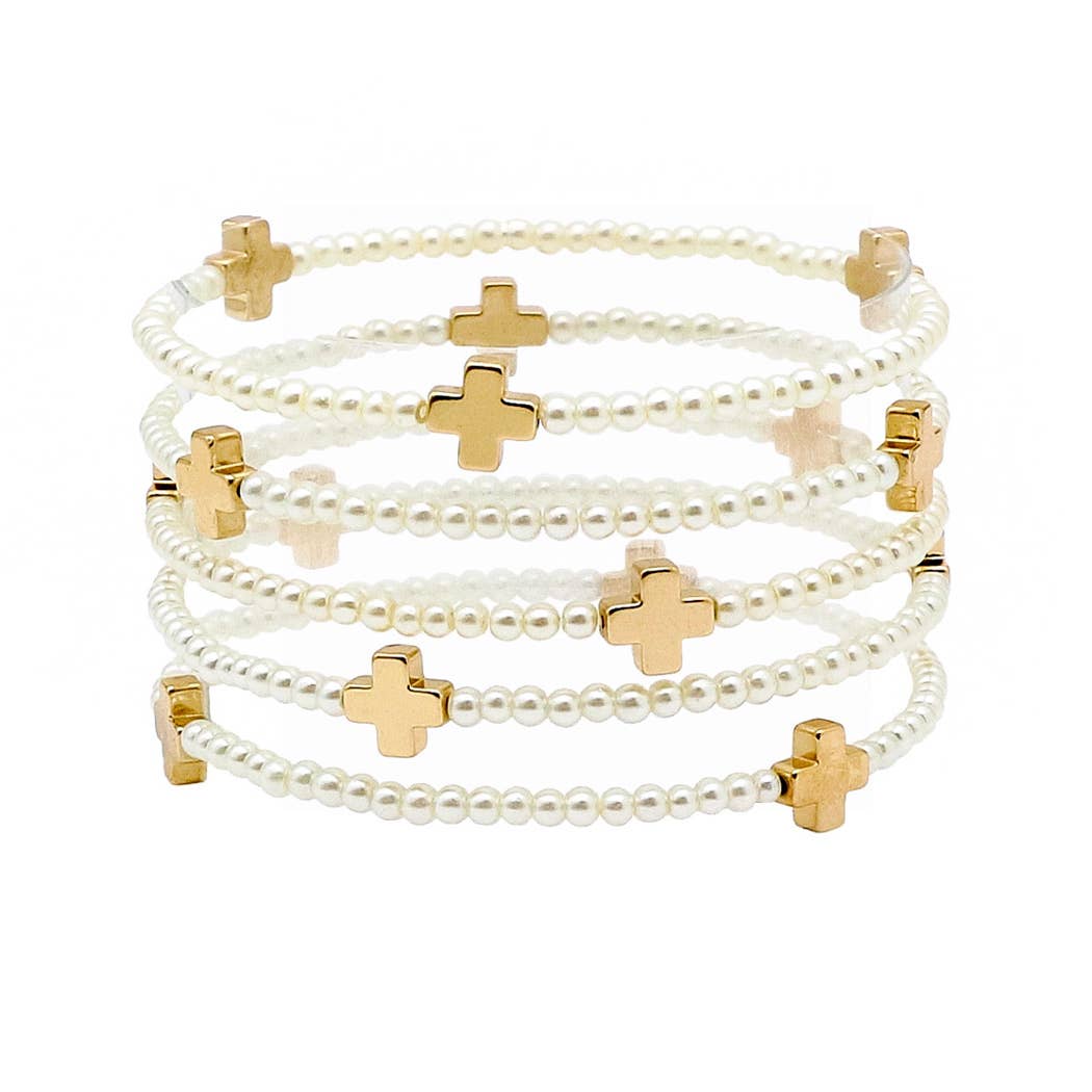 Cross multi layered pearl beaded stretch bracelet