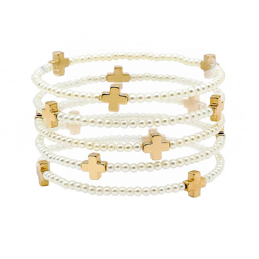 Cross multi layered pearl beaded stretch bracelet