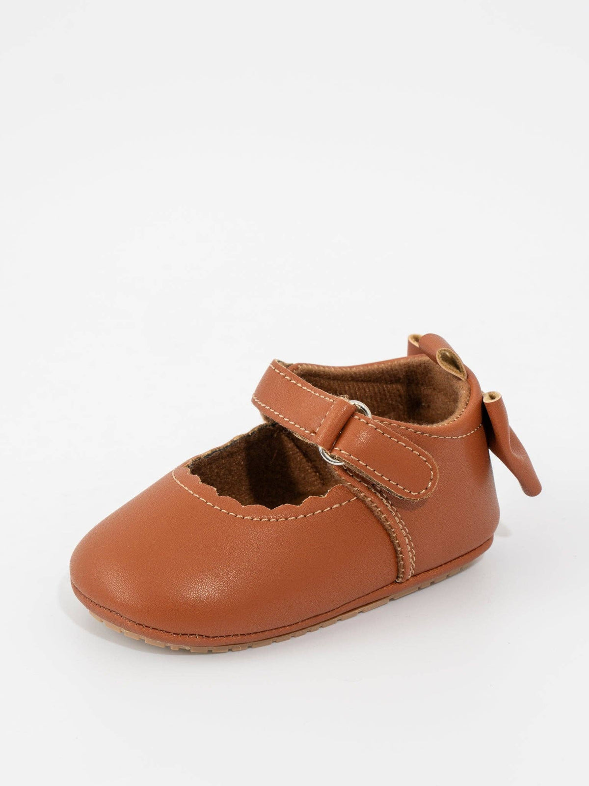 Scalloped Heel Bows Mary Jane Baby Shoes Brown: 12/18MOS
