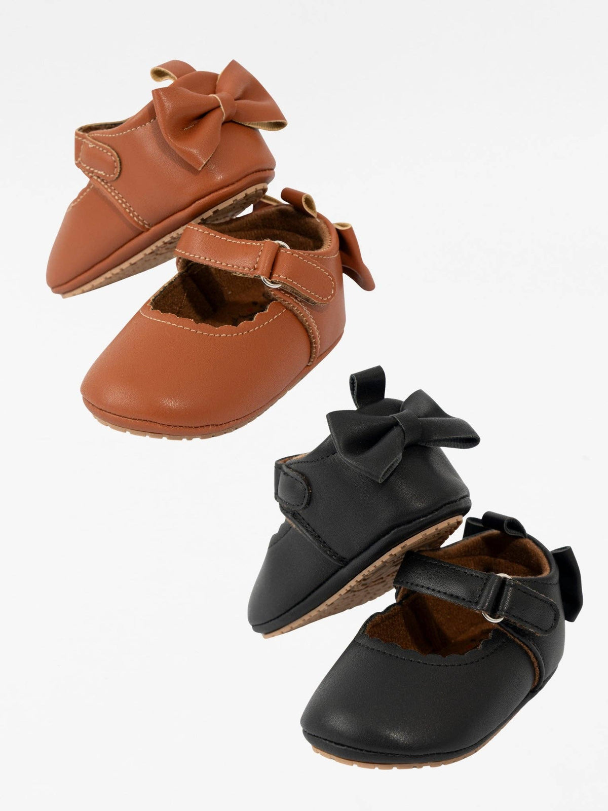 Scalloped Heel Bows Mary Jane Baby Shoes Brown: 12/18MOS