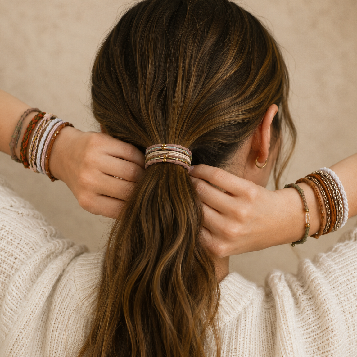 Boho Multi-Style Hair Tie Bracelet Set | Tan