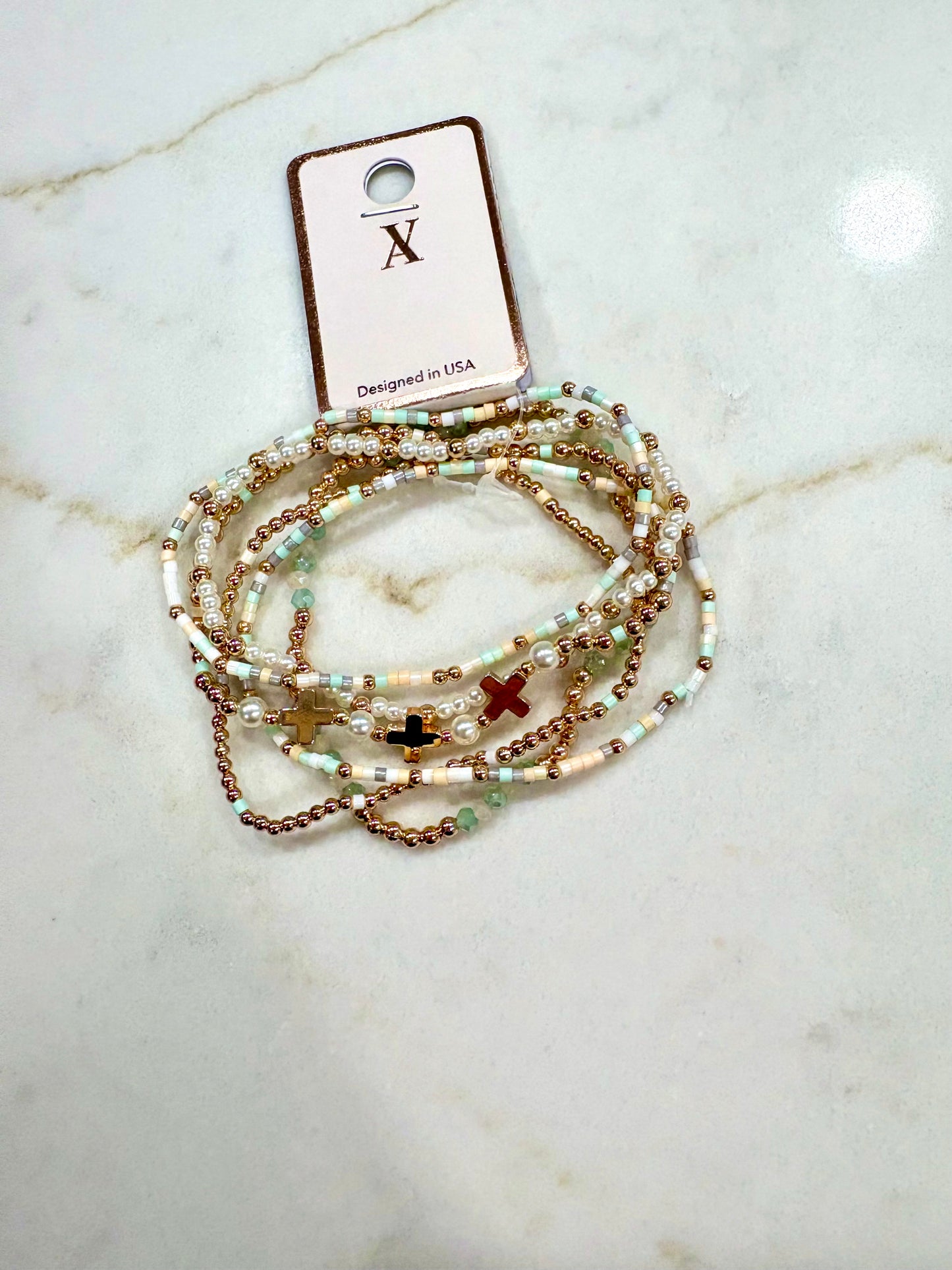 Mint/gold colored beaded cross stack