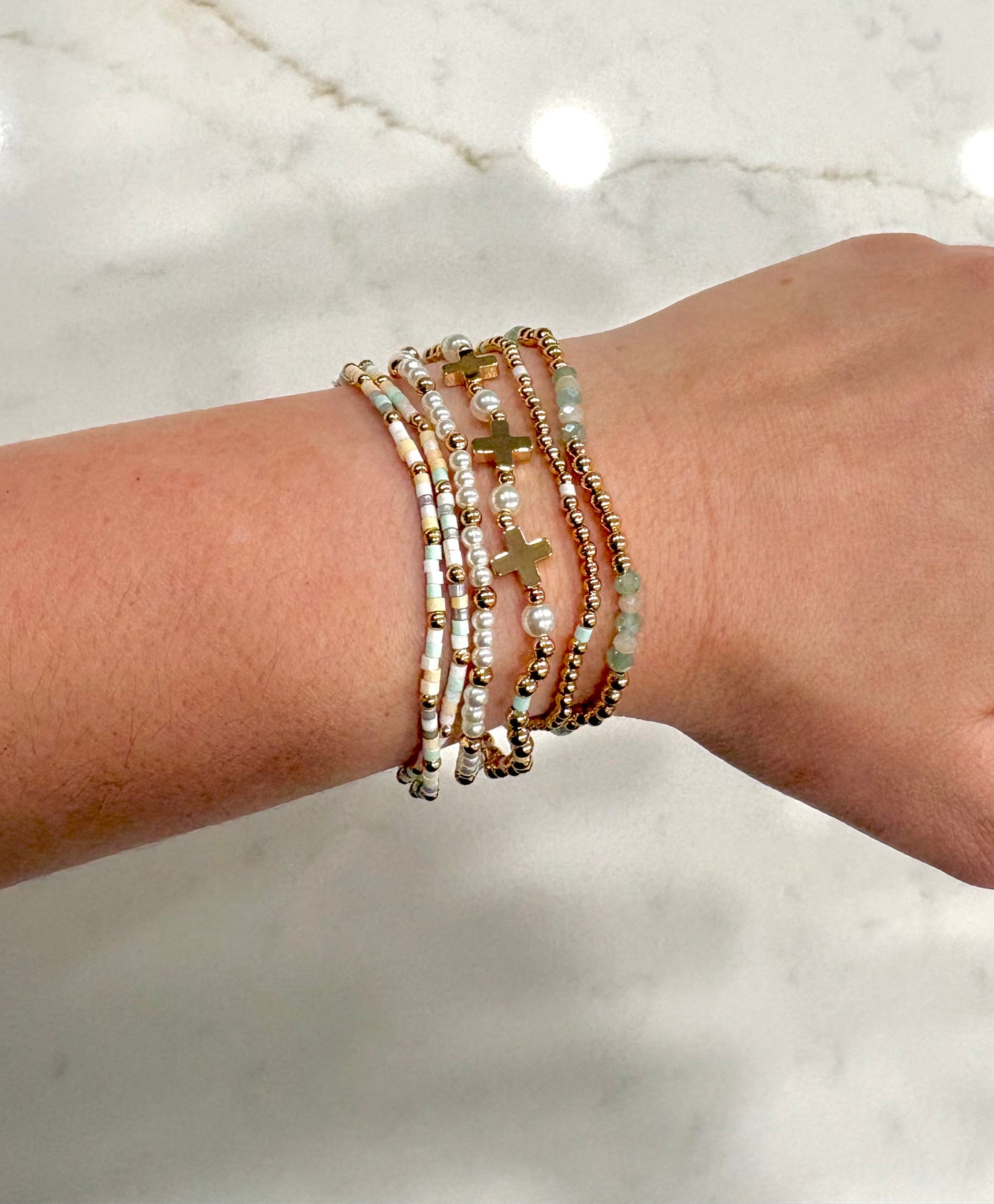 Mint/gold colored beaded cross stack