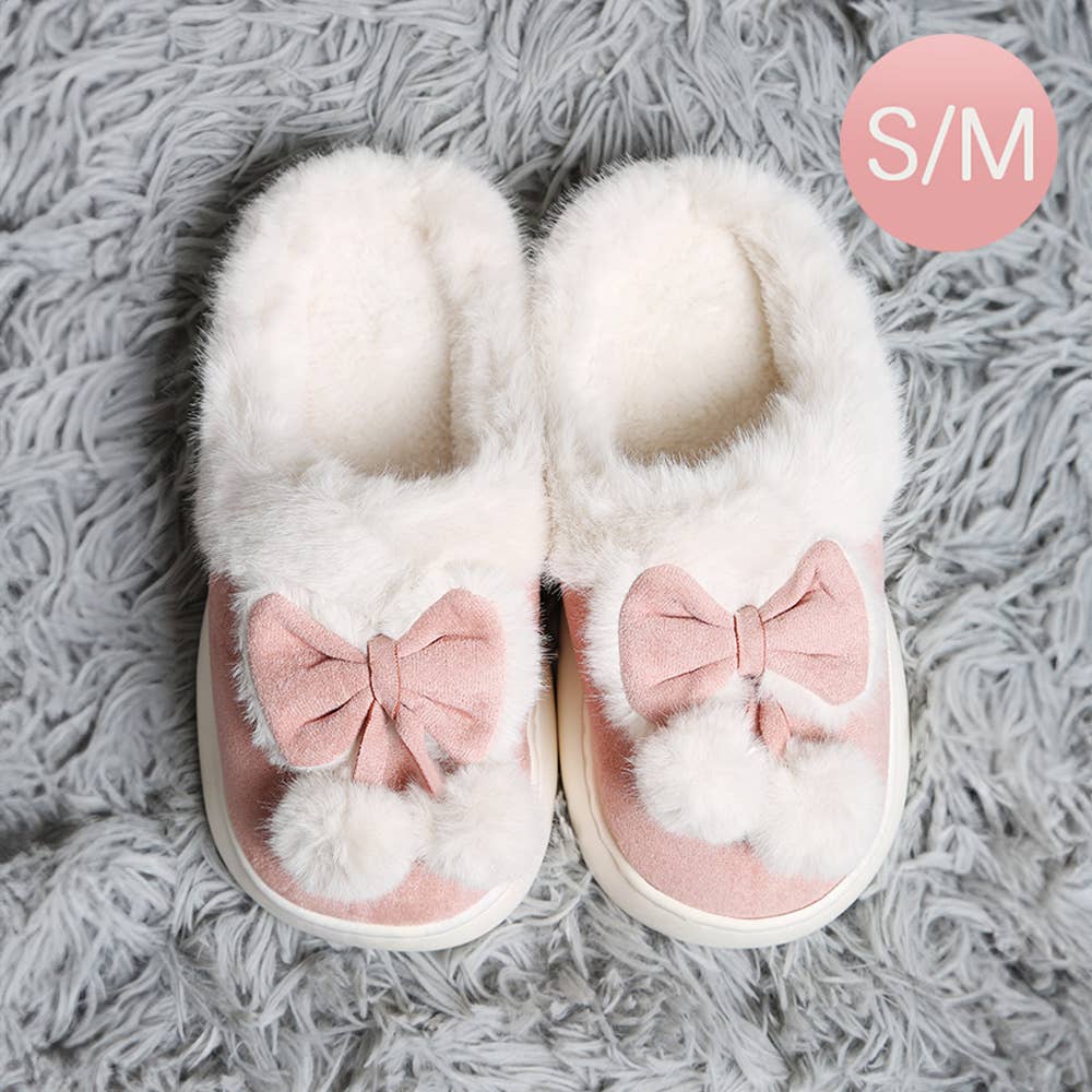 Bow Pom Pom Suede Slippers